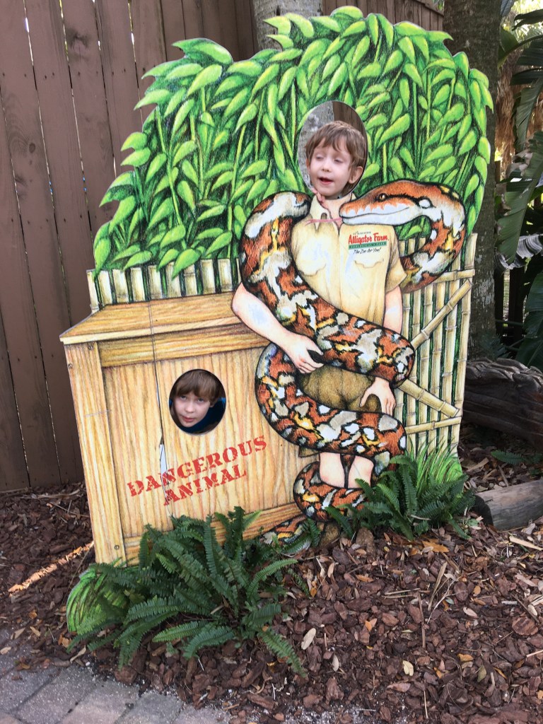 A child posing at a themed photo cutout featuring a person holding a large snake, surrounded by a lush green background and signage reading 'Dangerous Animal'.