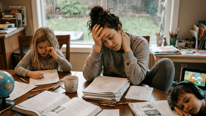 Two children and an adult doing schoolwork around a kitchen table