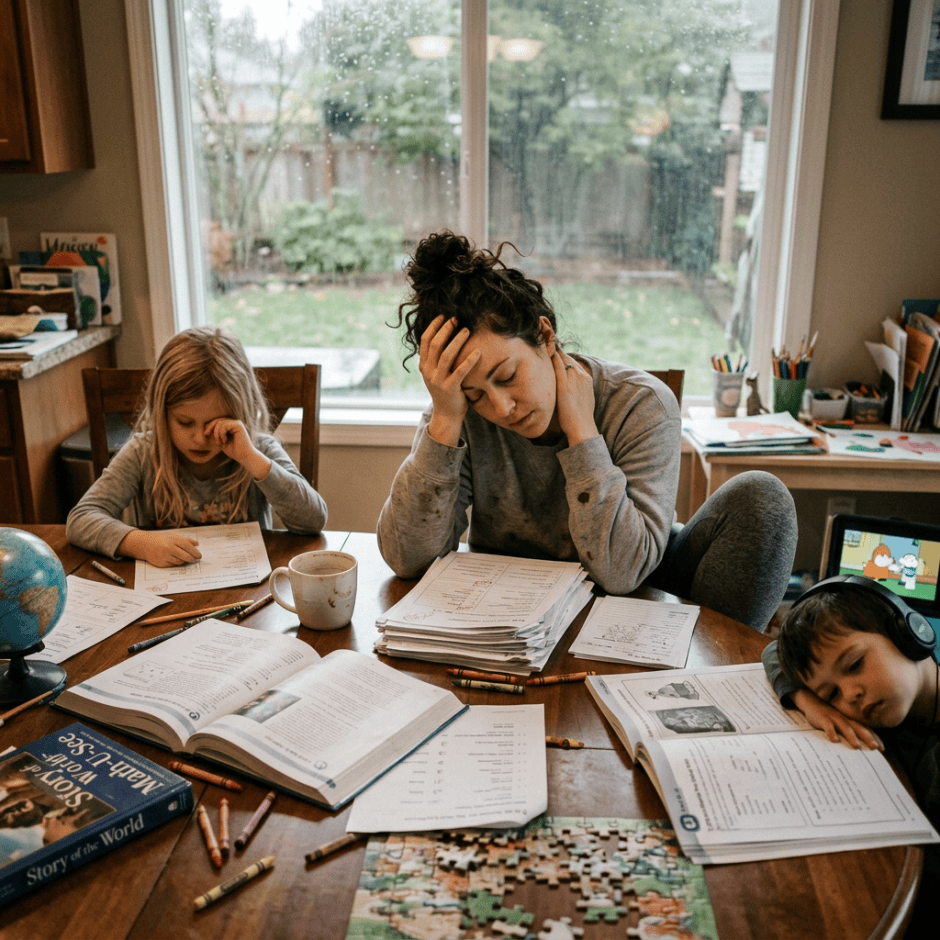 Two children and an adult doing schoolwork around a kitchen table
