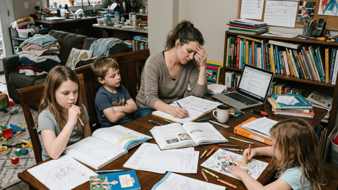 Parent helping children with homeschool work at a table