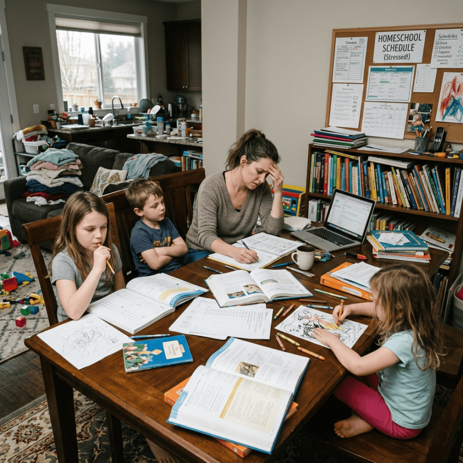 Parent helping children with homeschool work at a table