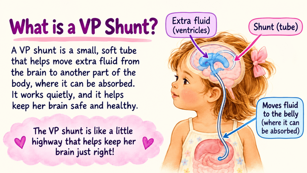 Illustration explaining what a VP shunt is, depicting a young girl with a labeled diagram showing the VP shunt moving extra fluid from the brain to the belly.
