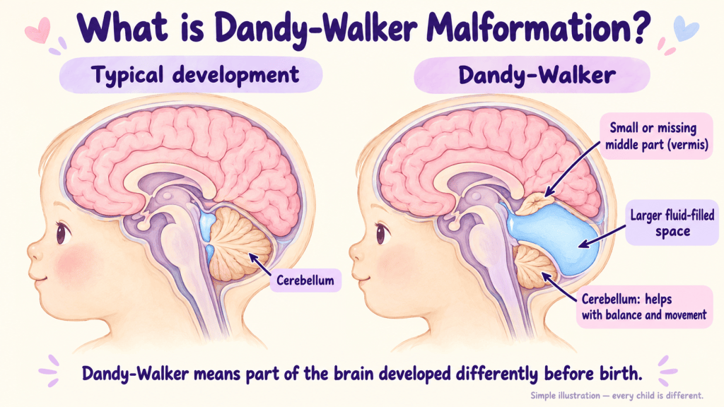 Illustration comparing typical brain development with Dandy-Walker malformation, showing labeled features such as the cerebellum and differences in middle brain structure.
