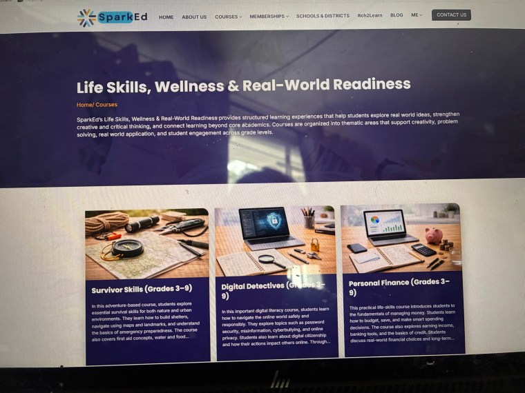 Screenshot of SparkEd's Life Skills, Wellness & Real-World Readiness course page featuring three course categories: Survivor Skills, Digital Detectives, and Personal Finance for grades 3-9.
