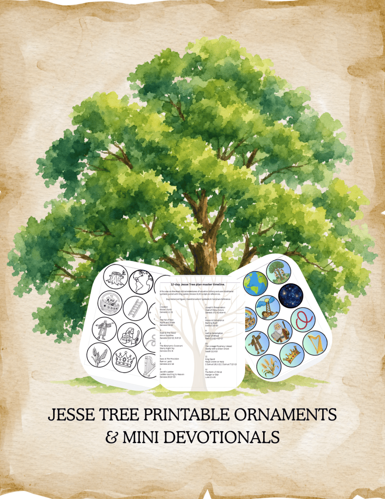 A vibrant watercolor illustration of a tree with printable ornaments and mini devotionals displayed beside it, featuring religious symbols and a timeline for Jesse Tree activities.
