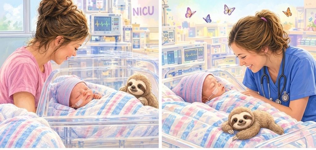 A digital illustration depicting a mother and a neonatal nurse smiling at a newborn in a NICU incubator, with a stuffed sloth beside the baby. The scene features soft colors and butterflies in the background.