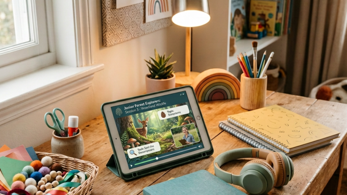 Creative workspace with tablet, sketchbooks, craft supplies, and headphones