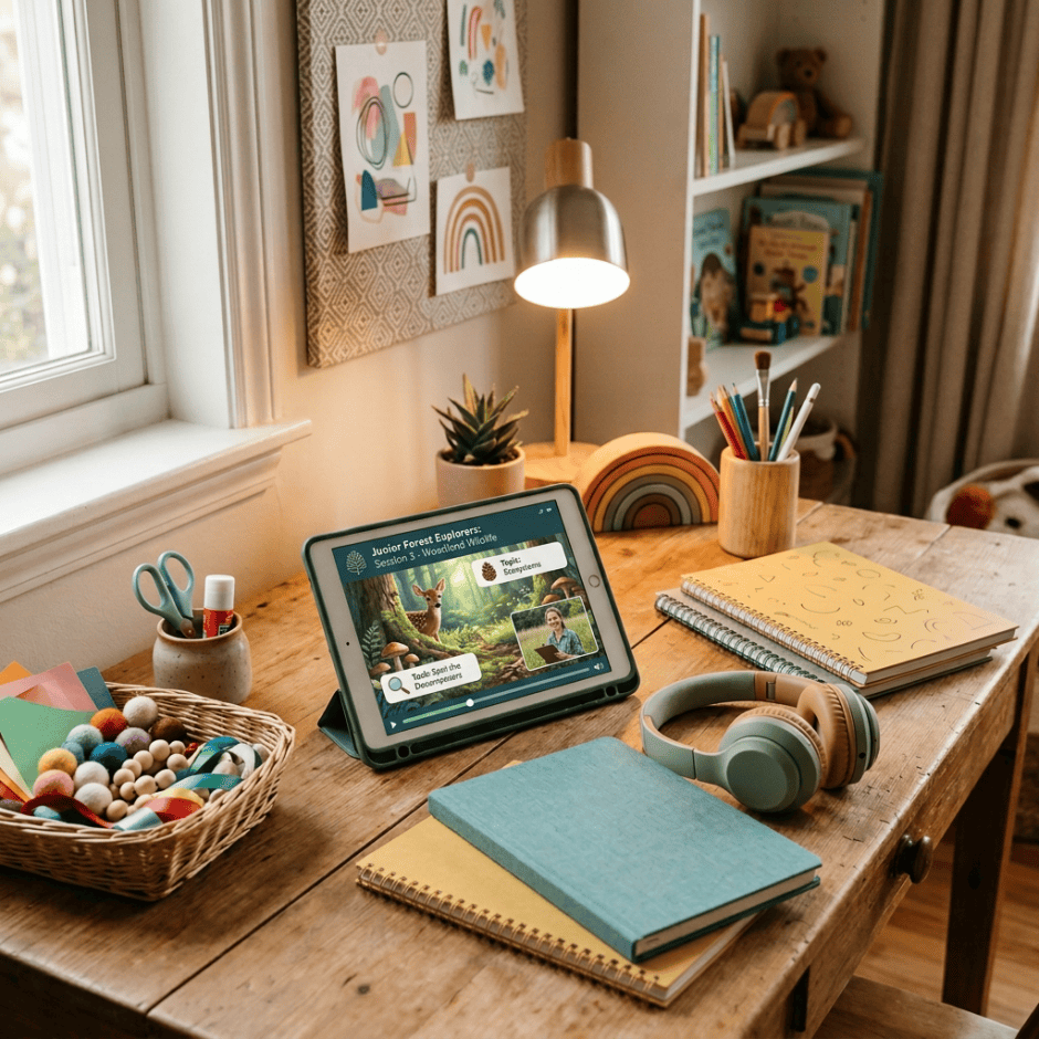 Creative workspace with tablet, sketchbooks, craft supplies, and headphones
