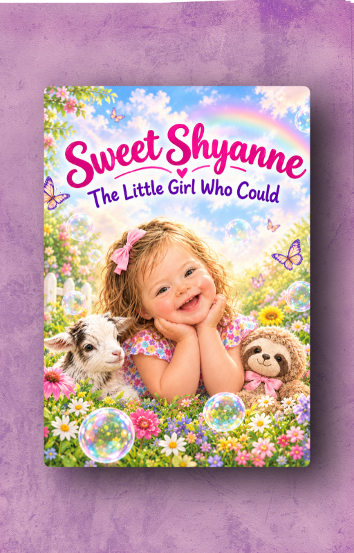 A book cover featuring a smiling little girl in a colorful floral field with a goat and a stuffed sloth, surrounded by bubbles and butterflies, titled 'Sweet Shyanne: The Little Girl Who Could.'